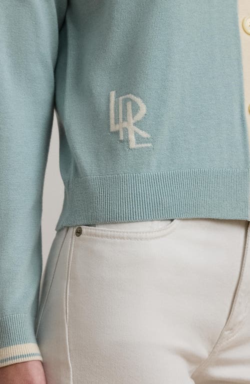 Shop Ralph Lauren Lauren Two-tone Cotton Blend Cardigan In Aqua Pearl/mascarpone Cream