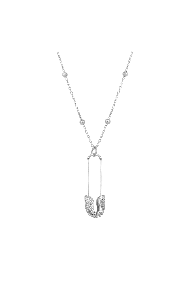 Spero London Sterling Silver Jewelled Safety Pin Necklace With Beaded Chain, Main, color, Silver