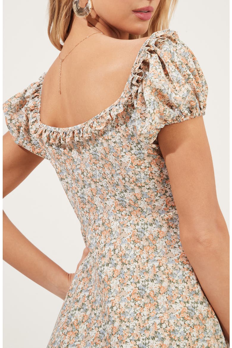 Ditsy Floral Ruffle Neck Midi Dress, Alternate, color, TAUPE-CORAL FLORAL