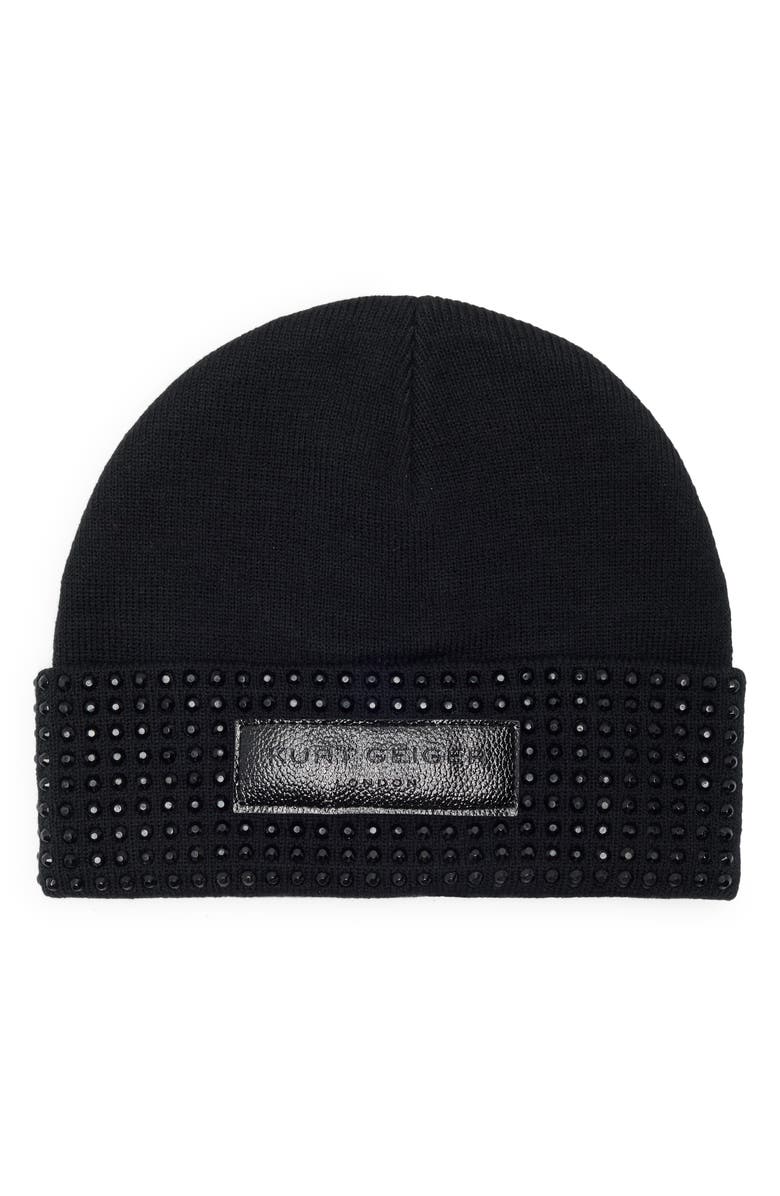 Kurt Geiger London Logo Patch Crystal Cuff Beanie, Main, color, Black