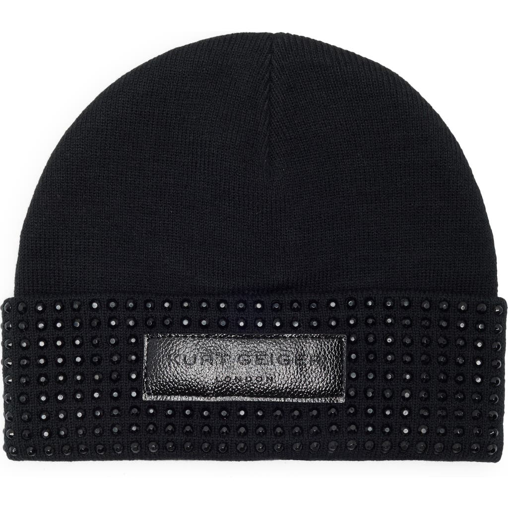 Kurt Geiger London Logo Patch Crystal Cuff Beanie In Black