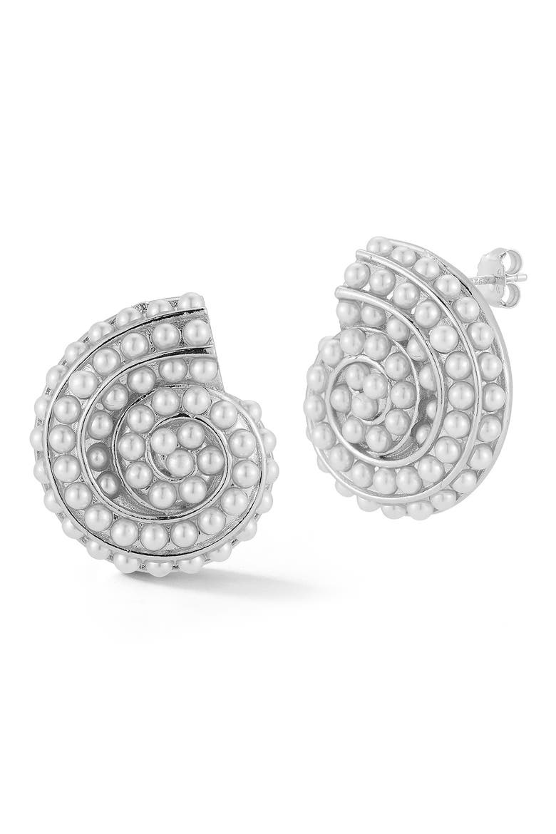 Faux Pearl Shell Stud Earrings, Main, color, SILVER