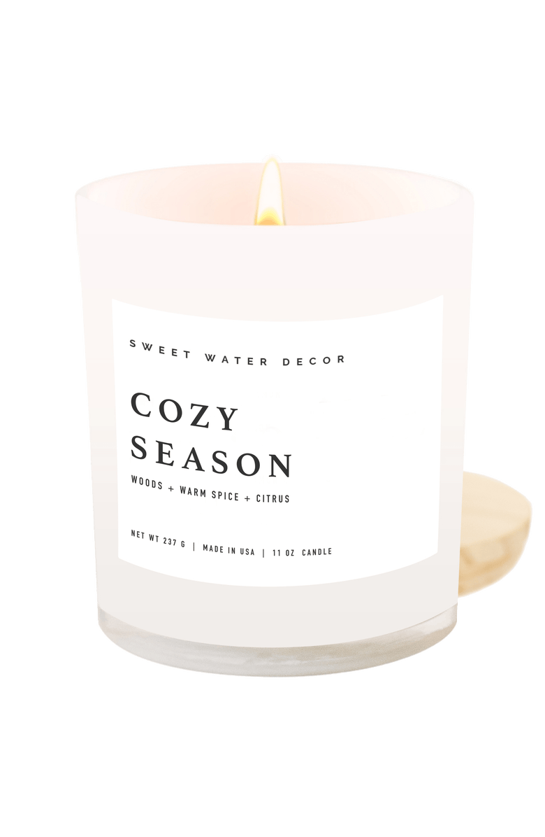 SWEET WATER DECOR 11oz White Jar Candle - Woods & Earthy Scents, Main, color, Cozy Season