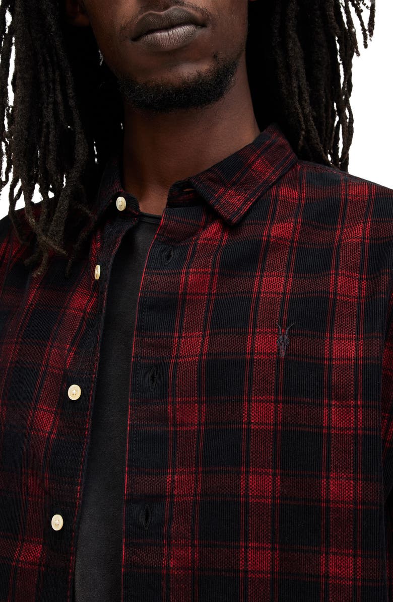 AllSaints Manray Plaid Cotton Corduroy Button-Up Shirt, Alternate, color, Machine Blue/Red