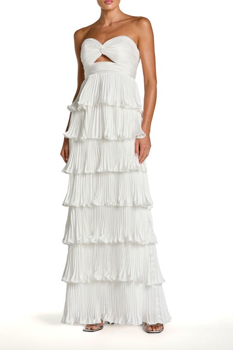 Pleated Charmeuse Strapless Tiered Ruffle Gown