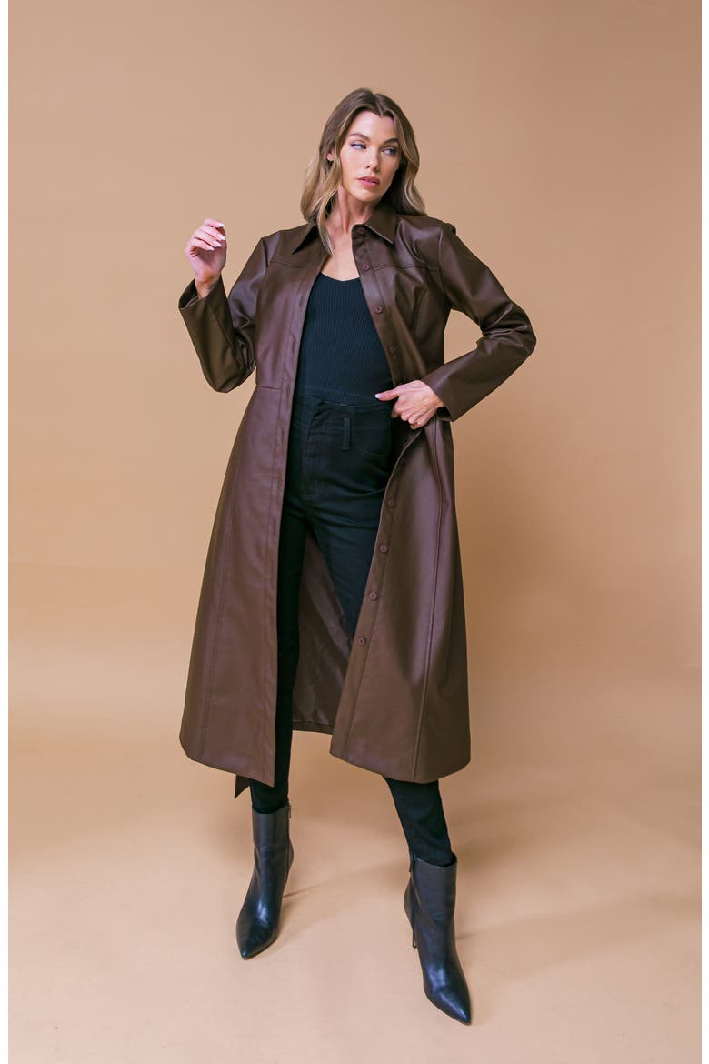 Belted Faux Leather Coat, Alternate, color, BROWN