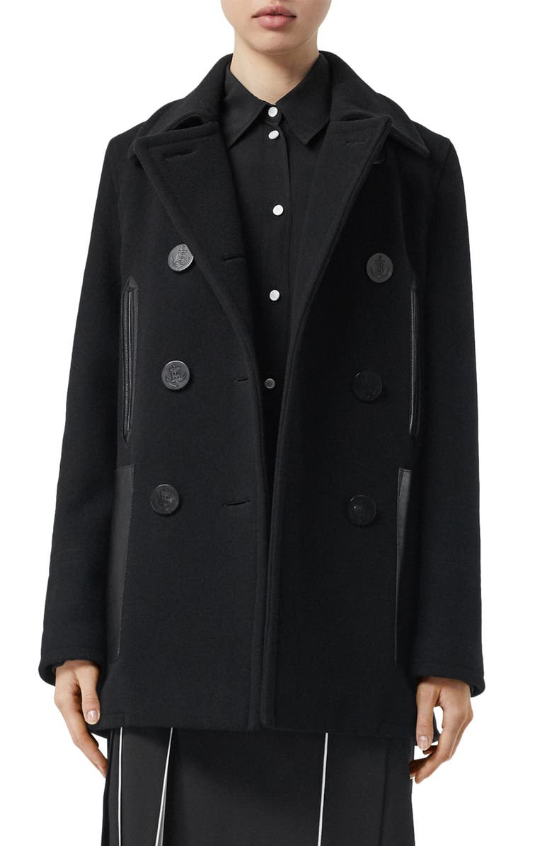 Burberry Leather Pocket Peacoat, Main, color, 