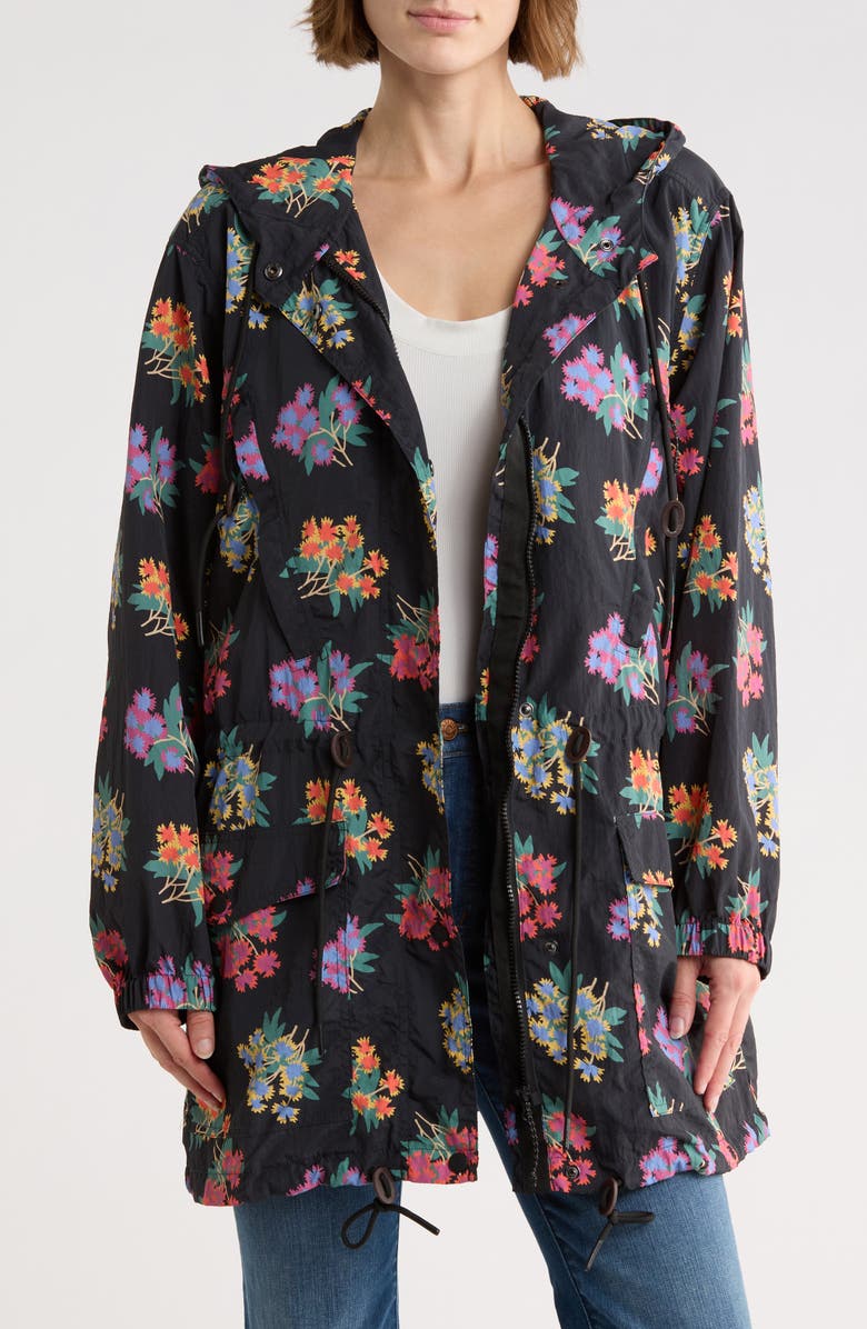 THE GREAT. The Rover Hooded Water Resistant Jacket, Main, color, Black Palisade Floral