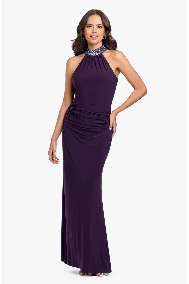 Beaded Mock Neck Column Gown, Alternate, color, PLUM/ SILVER