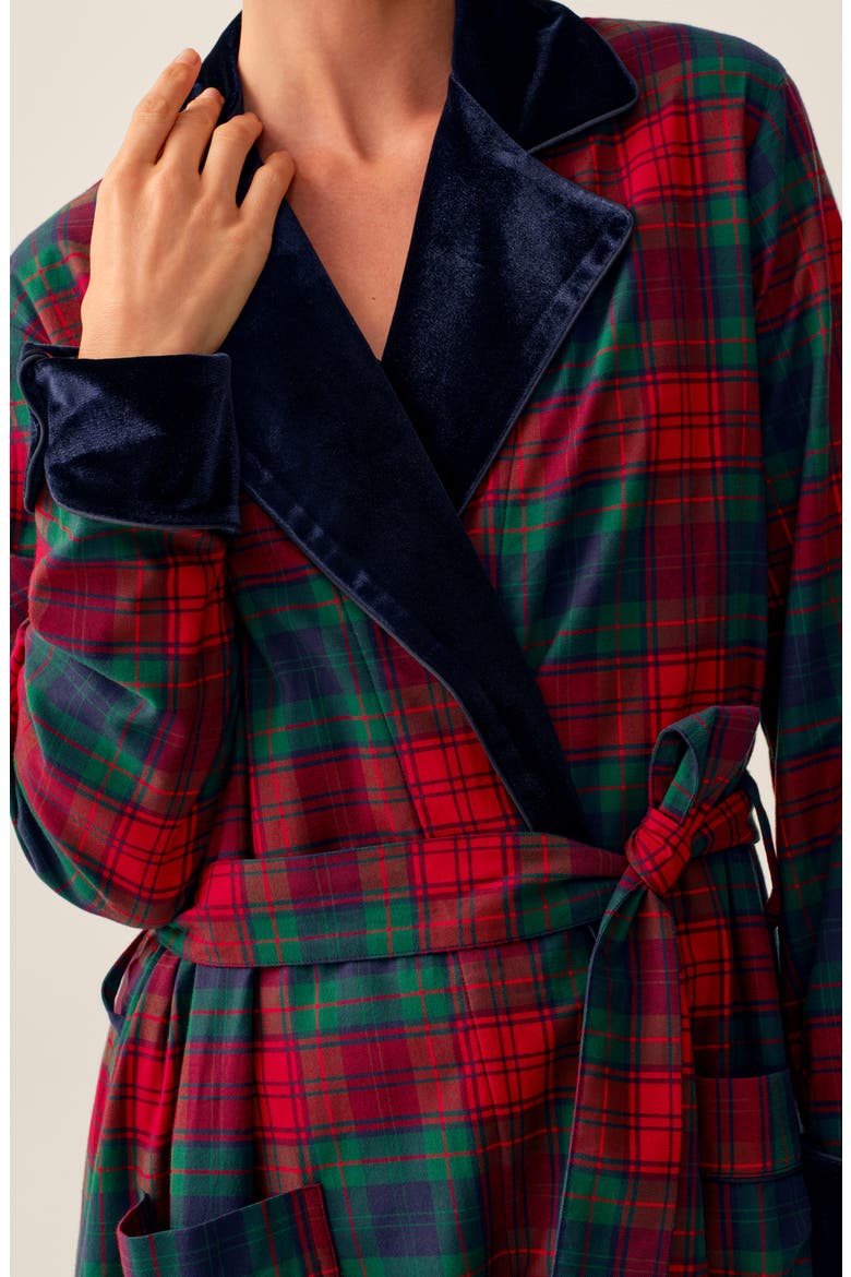 Velvet Trim Brushed Cotton Twill Robe, Alternate, color, RED