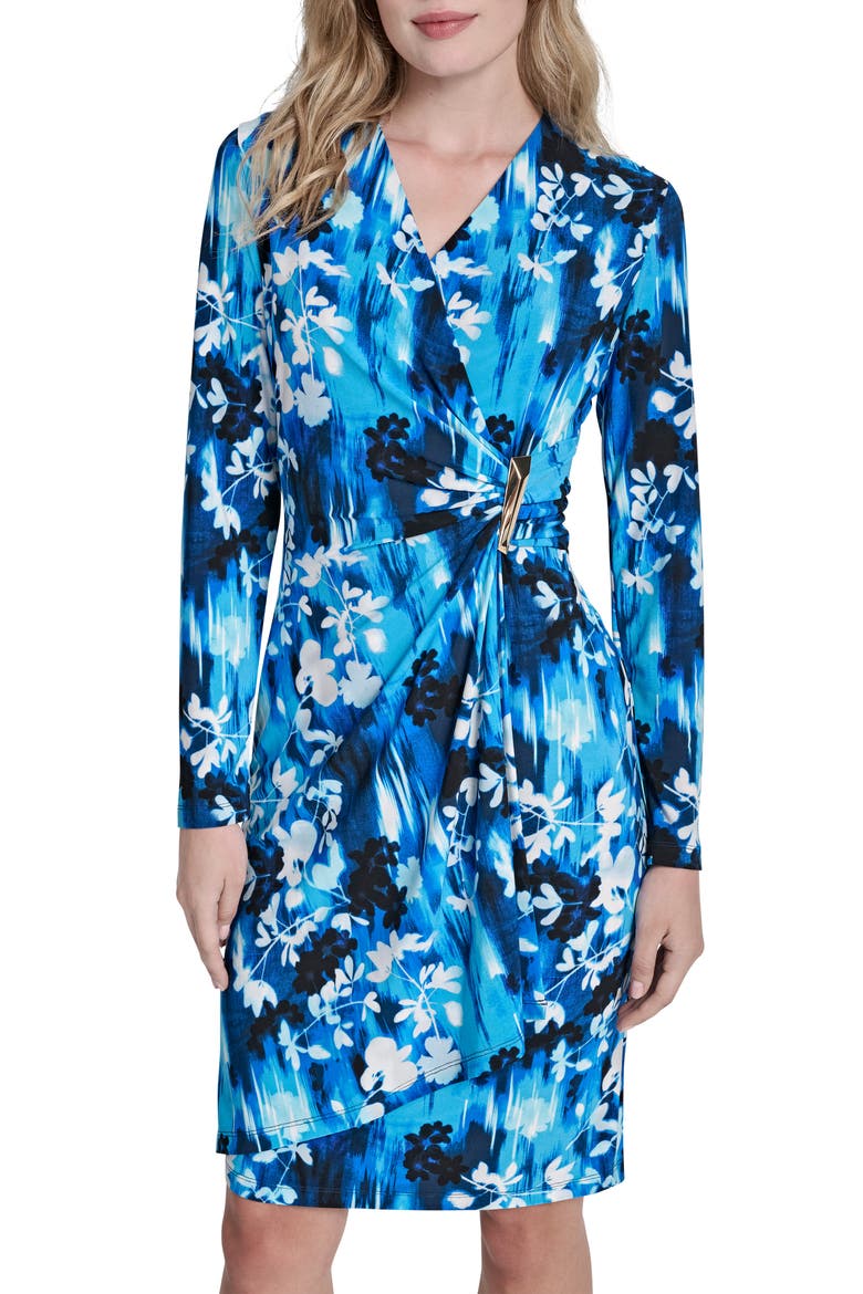 Faux Wrap Drape Long Sleeve Sheath Dress, Alternate, color, ATLANTIC BLUE