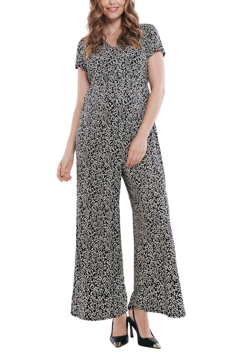 Short Sleeve V-Neck Flare Leg Jumpsuit, Main, color, Black White Animal