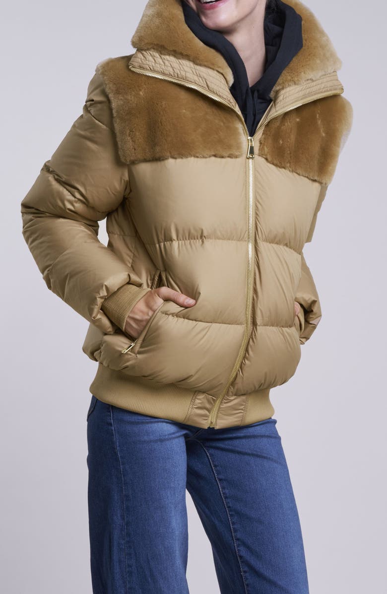 Blue Duck Water Resistant 700 Fill Power Down Jacket with Genuine Shearling Trim, Alternate, color, Camel