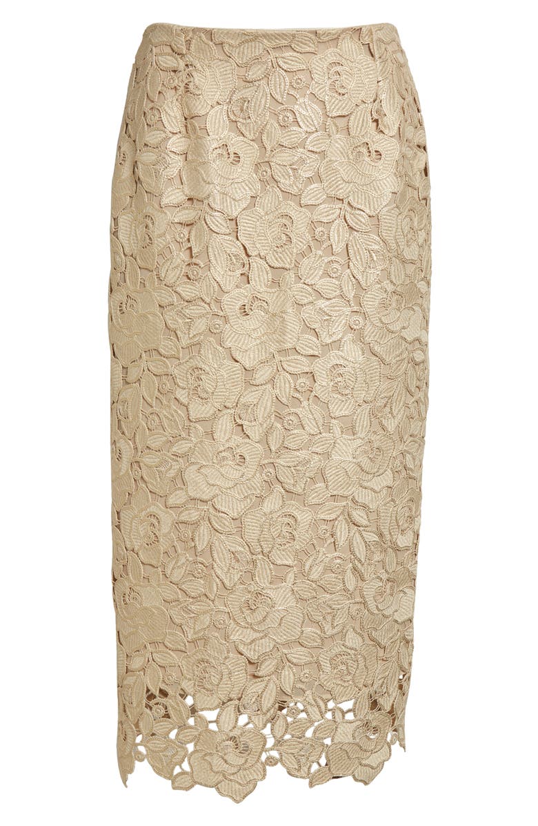 Oscar de la Renta Foiled Rose Guipure Lace Midi Pencil Skirt, Alternate, color,