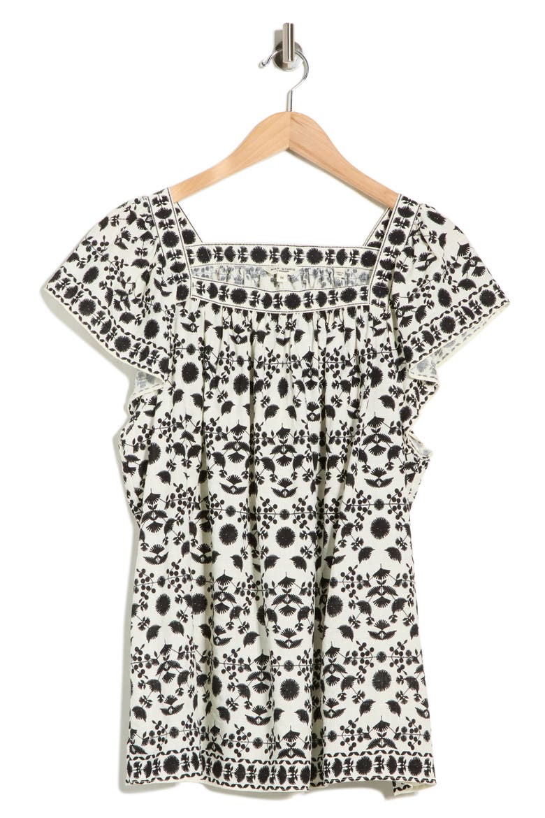Square Neck Flutter Sleeve Top, Alternate, color, CREAM/ BLACK STITCH FLORAL