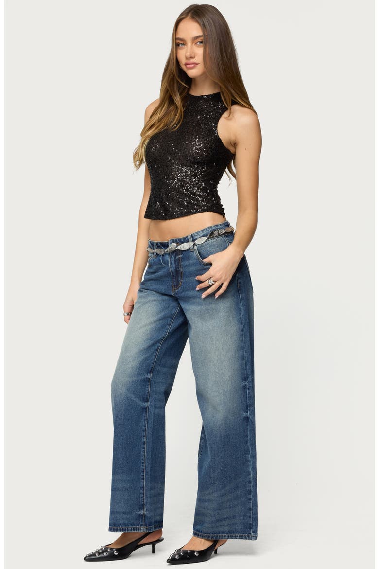 Alexander Sequin Crop Top, Alternate, color, BLACK