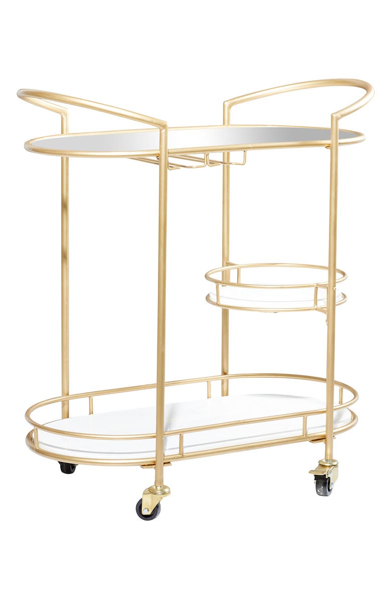 WILLOW ROW Goldtone Metal Contemporary Bar Cart with Lockable Wheels & Mirrored Top, Main, color, 