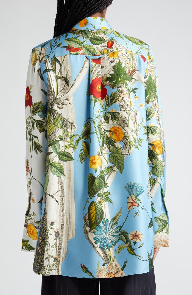 MONSE Floral Skeleton Print Silk Button-Up Shirt, Alternate, color, 