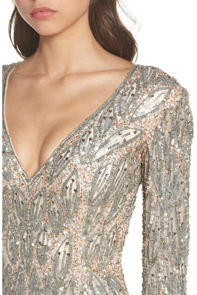 Beaded Long Sleeve Gown, Alternate, color, VINTAGE TAUPE