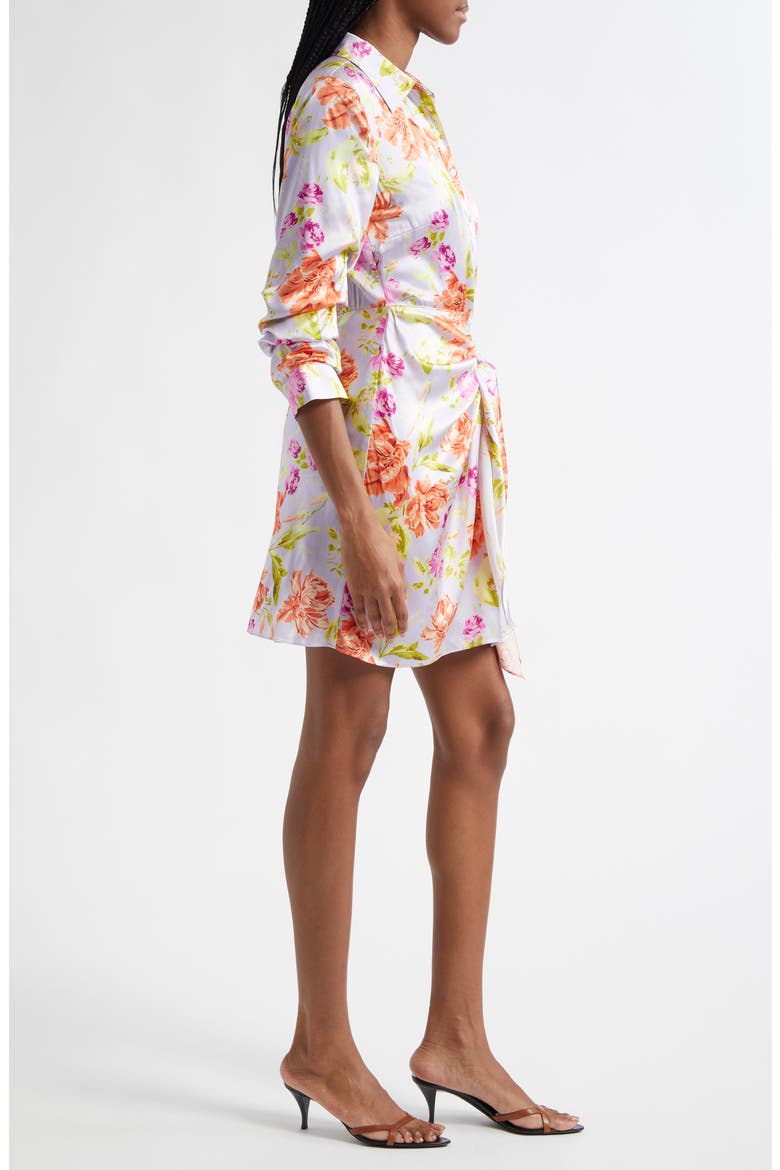 Jacy Ruched Sleeve Tie Waist Satin Shirtdress, Alternate, color, PALE LAVENDER MULTI