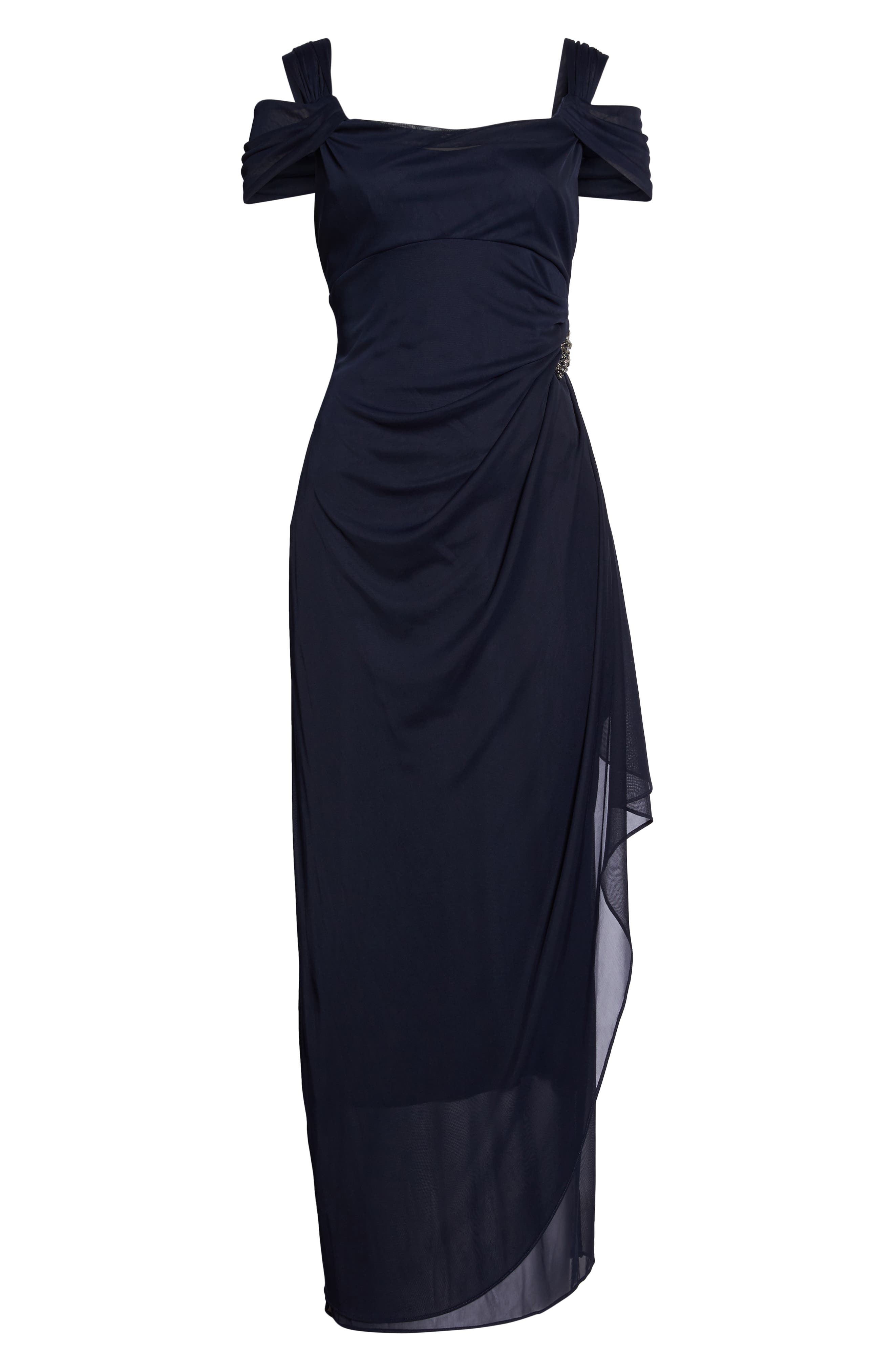 alex evenings women's long cold shoulder dress Alex Evenings Women's Cold Shoulder Mesh Gown, Black, 8