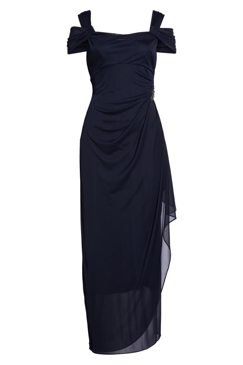 Embellished Cold Shoulder Column Evening Gown, Alternate, color, NAVY