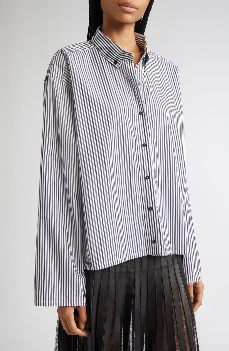 Brandon Maxwell The Javi Stripe Boxy Cotton Poplin Button-Down Shirt, Alternate, color, Grey Black Stripe