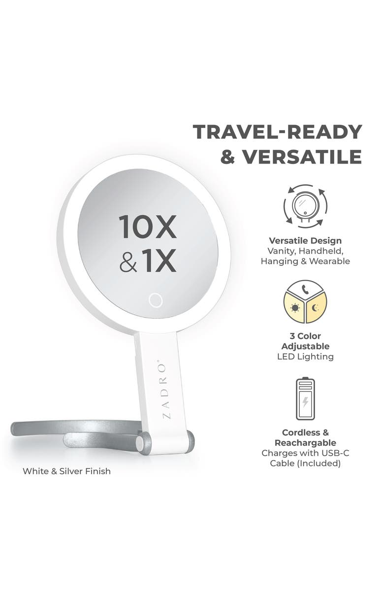 Zadro Multi-Position Lighted Travel Hand Mirror with 10X/1X Magnification, Alternate, color, White/Silver