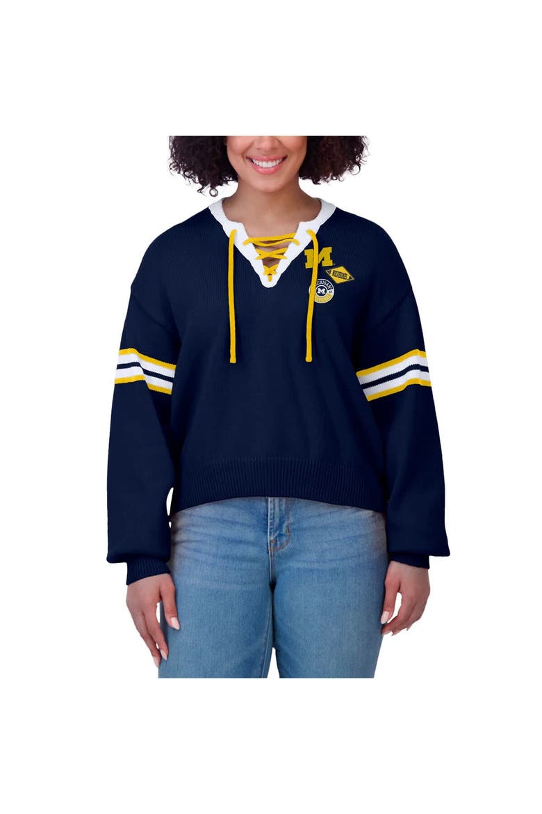 Women's WEAR by Erin Andrews Navy Michigan Wolverines Lace-Up Pullover Sweater, Alternate, color, Navy