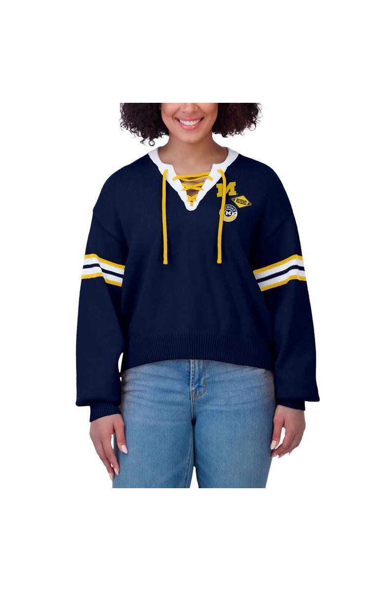 WEAR by Erin Andrews Women's WEAR by Erin Andrews Navy Michigan Wolverines Lace-Up Pullover Sweater, Alternate, color, Navy