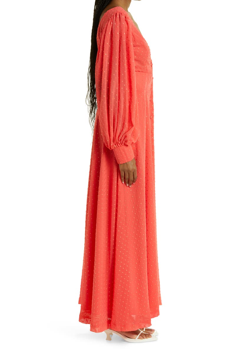 Kimberly Goldson Lesli Clip Dot Long Sleeve Maxi Dress, Alternate, color, Coral/ Gold Print