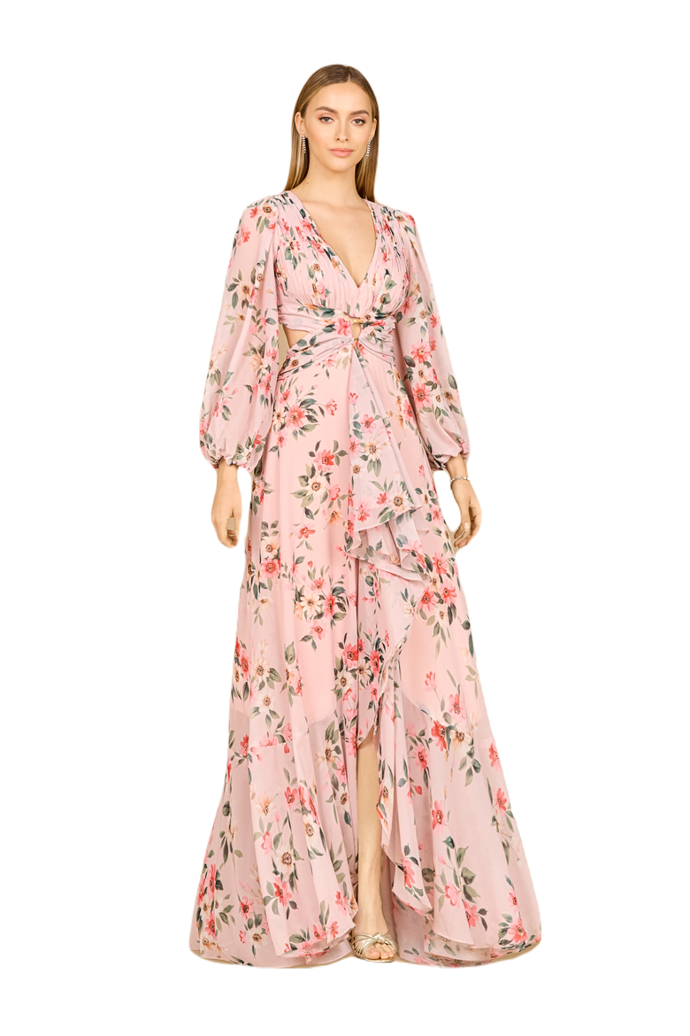 Long Sleeve V-Neck, Layered Skirt Print Dress, Main, color, Blush