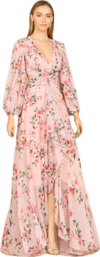 LARA New York Long Sleeve V-Neck, Layered Skirt Print Dress