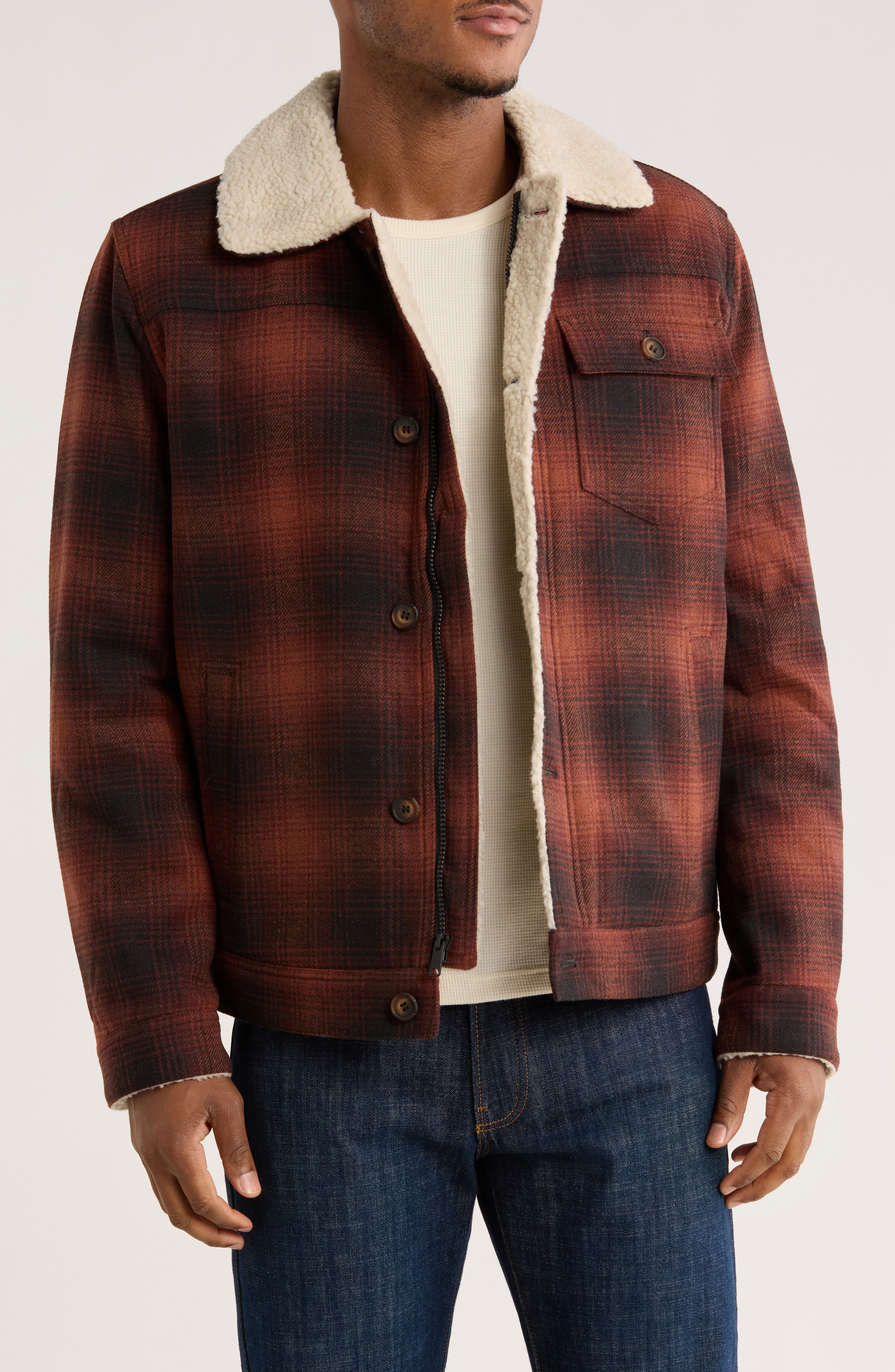 Lucky Brand Plaid Faux Shearling Lined Trucker Jacket