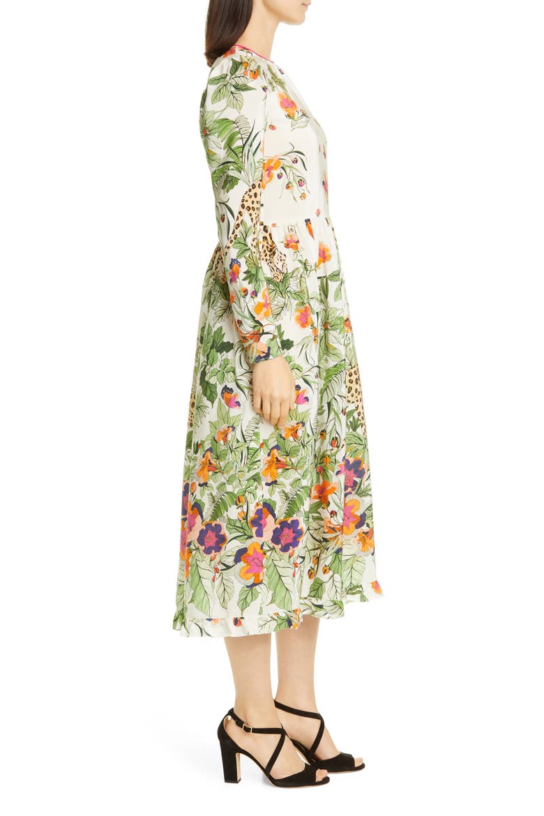 Jungle Print Long Sleeve Silk Midi Dress, Alternate, color, LATTE