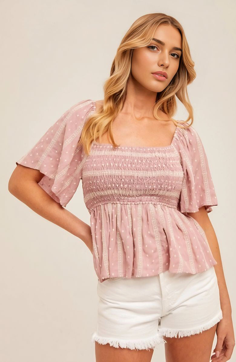 Knit and Lounge Smocked Bodice Peplum Blouse With Flutter Sleeves, Alternate, color, Pink