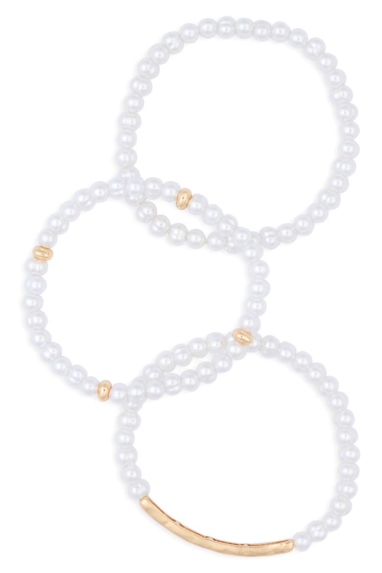 Set of 3 Faux Pearl Beaded Stretch Bracelets, Main, color, WHITE- GOLD