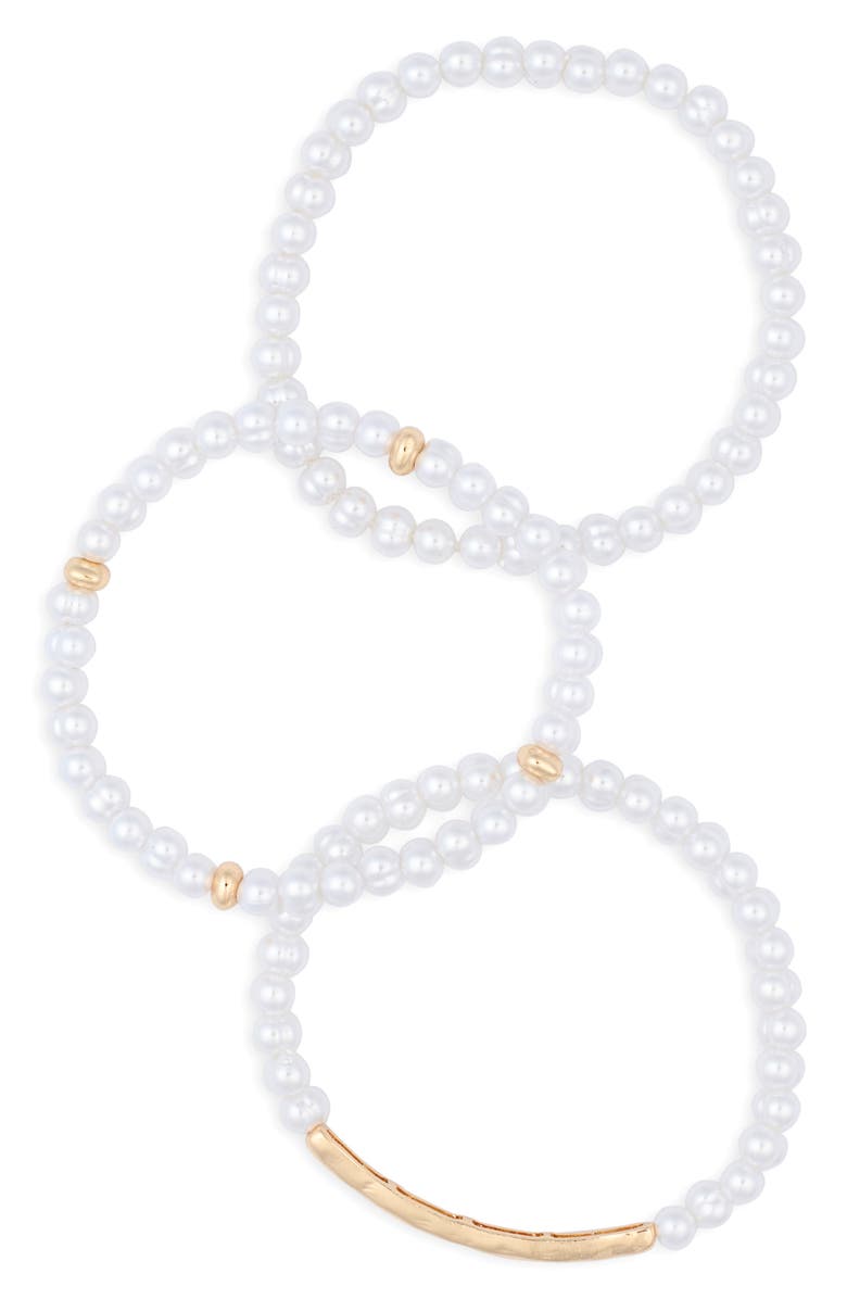 NORDSTROM RACK Set of 3 Faux Pearl Beaded Stretch Bracelets, Main, color, White- Gold