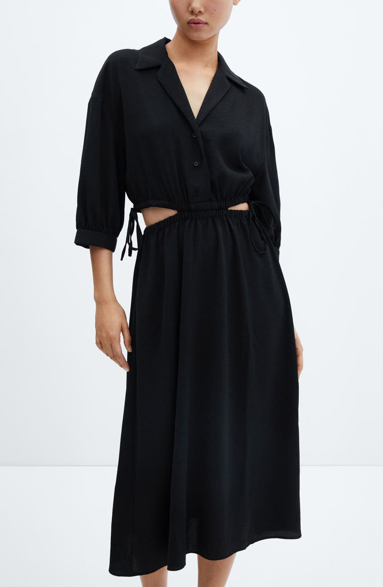 MANGO Cutout Drawstring Waist Midi Shirtdress, Alternate, color, 
