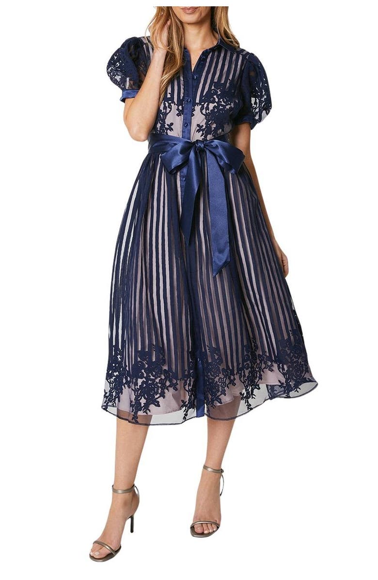 Coast Stripe Organza Puff Sleeve Shirt Dress, Alternate, color, Navy
