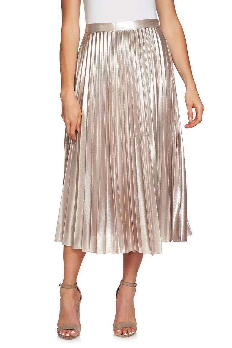 Metallic Pleated Midi Skirt, Main, color, FLASH SILVER