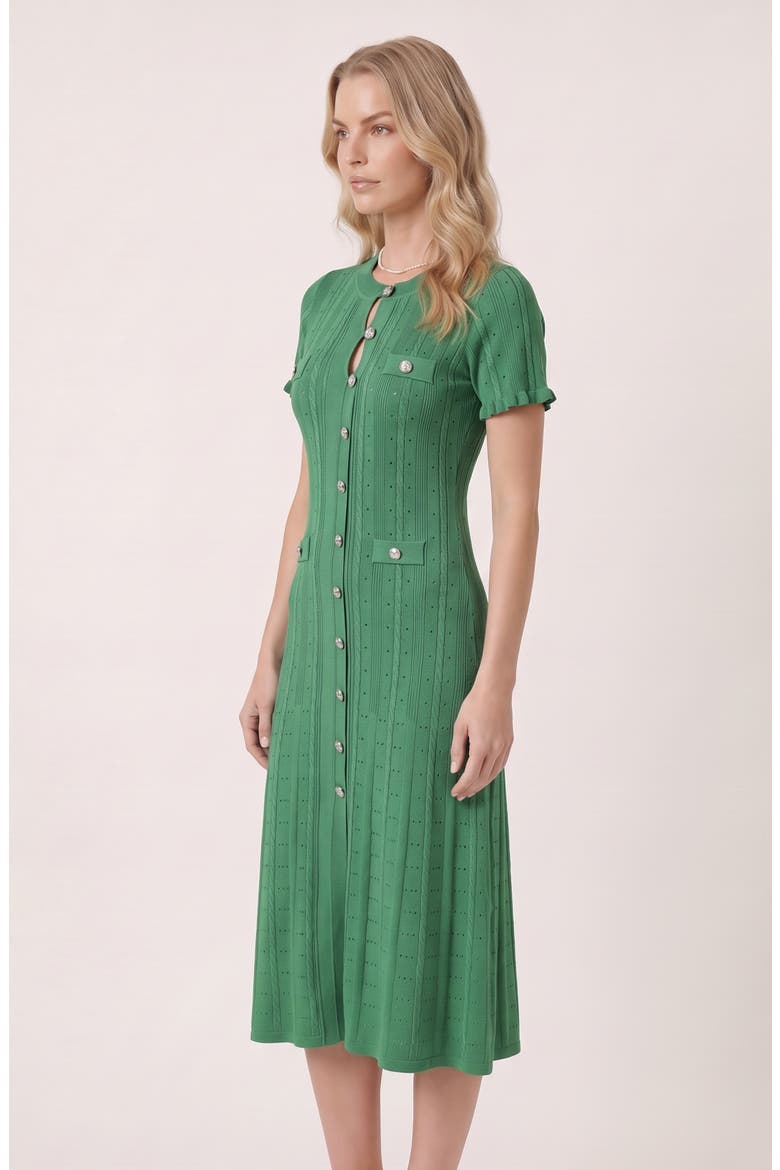 Button Front Knit Short Sleeve Midi Dress, Alternate, color, Green