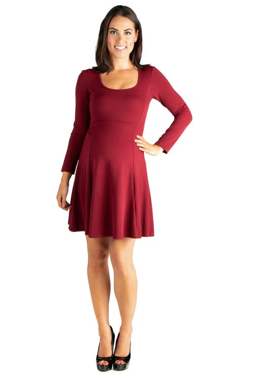 24seven Comfort Apparel Long Sleeve Knee Length Maternity Skater Dress In Red