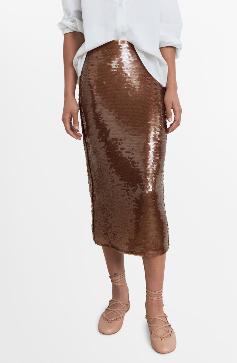 MANGO Sequin Midi Skirt, Main, color, Brown