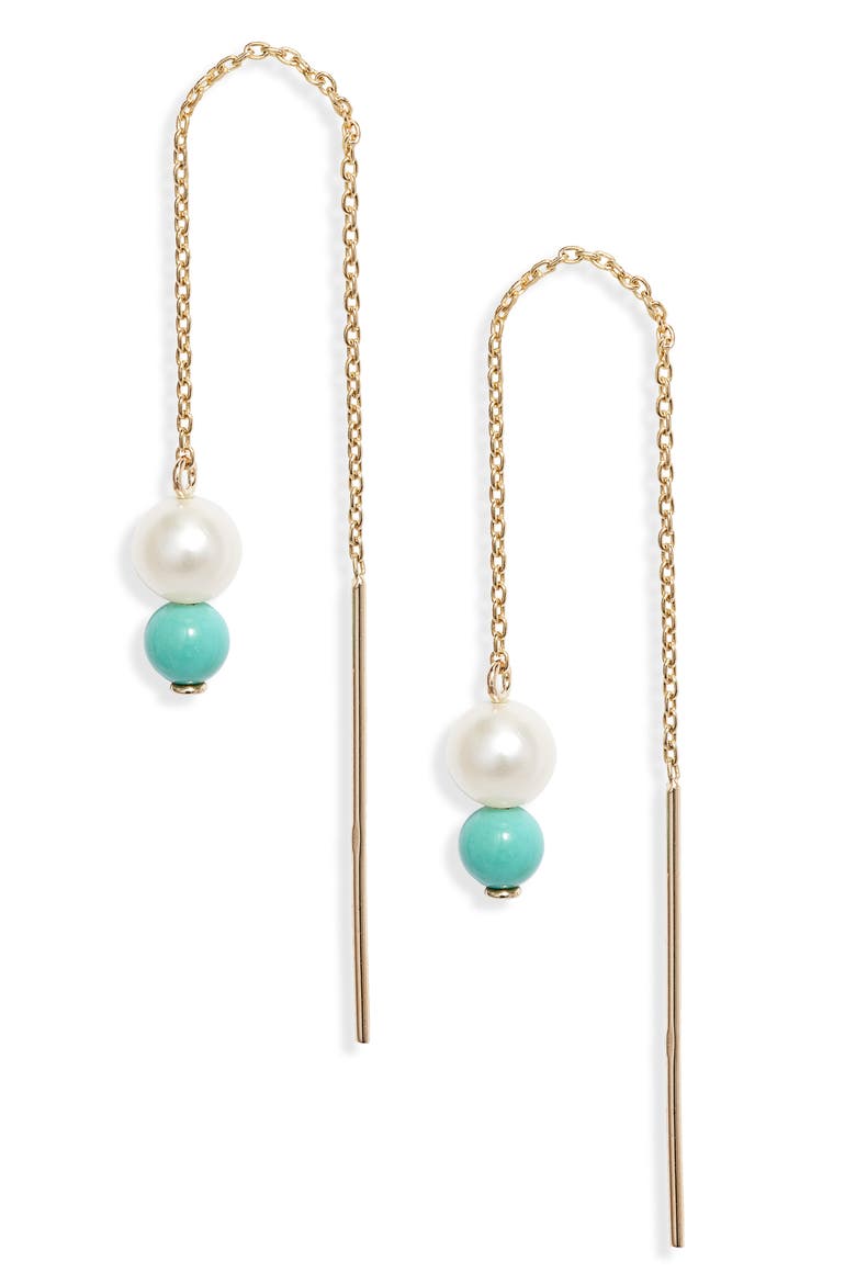 Petite Cultured Pearl & Turquoise Threader Earrings, Main, color, 14KYG