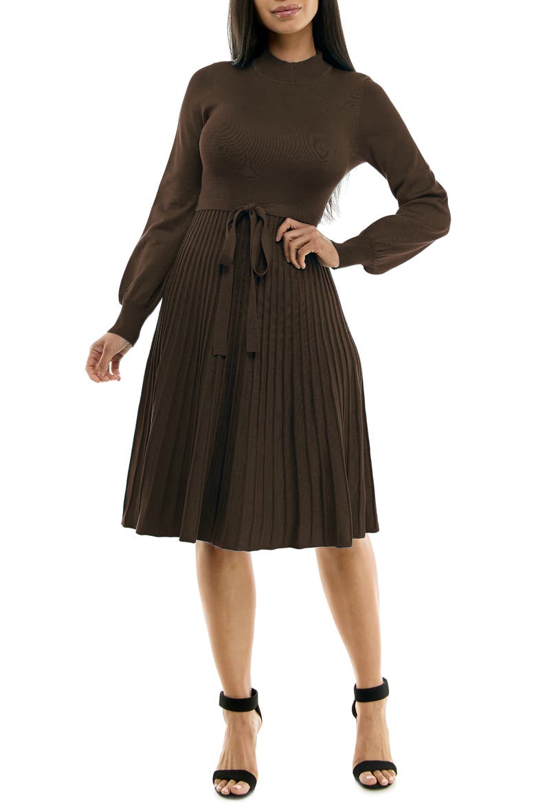 Tie Waist Fit & Flare Sweater Dress, Main, color, CHOCOLATE