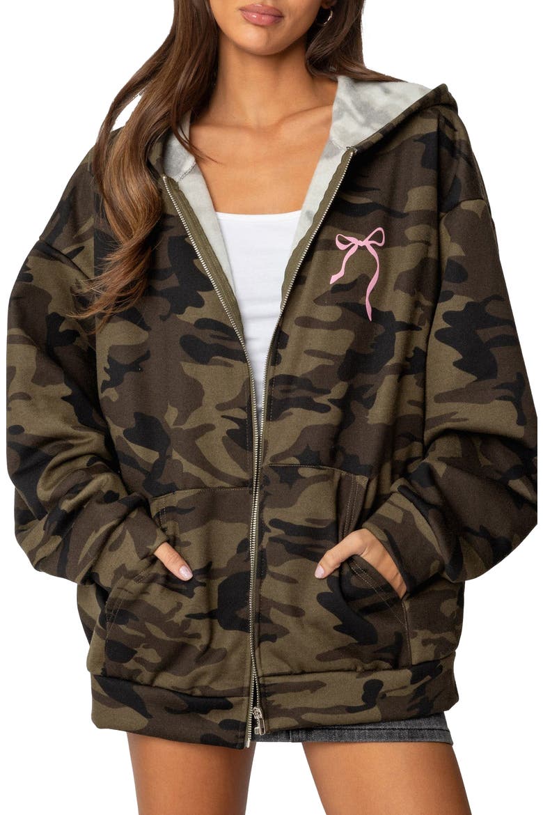 Camo Bow Detail Oversize Zip Hoodie, Main, color, OLIVE
