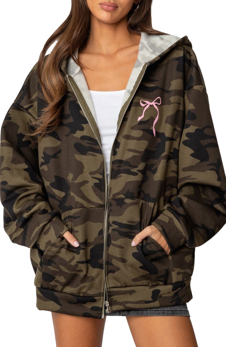 EDIKTED Camo Bow Detail Oversize Zip Hoodie, Main, color, Olive