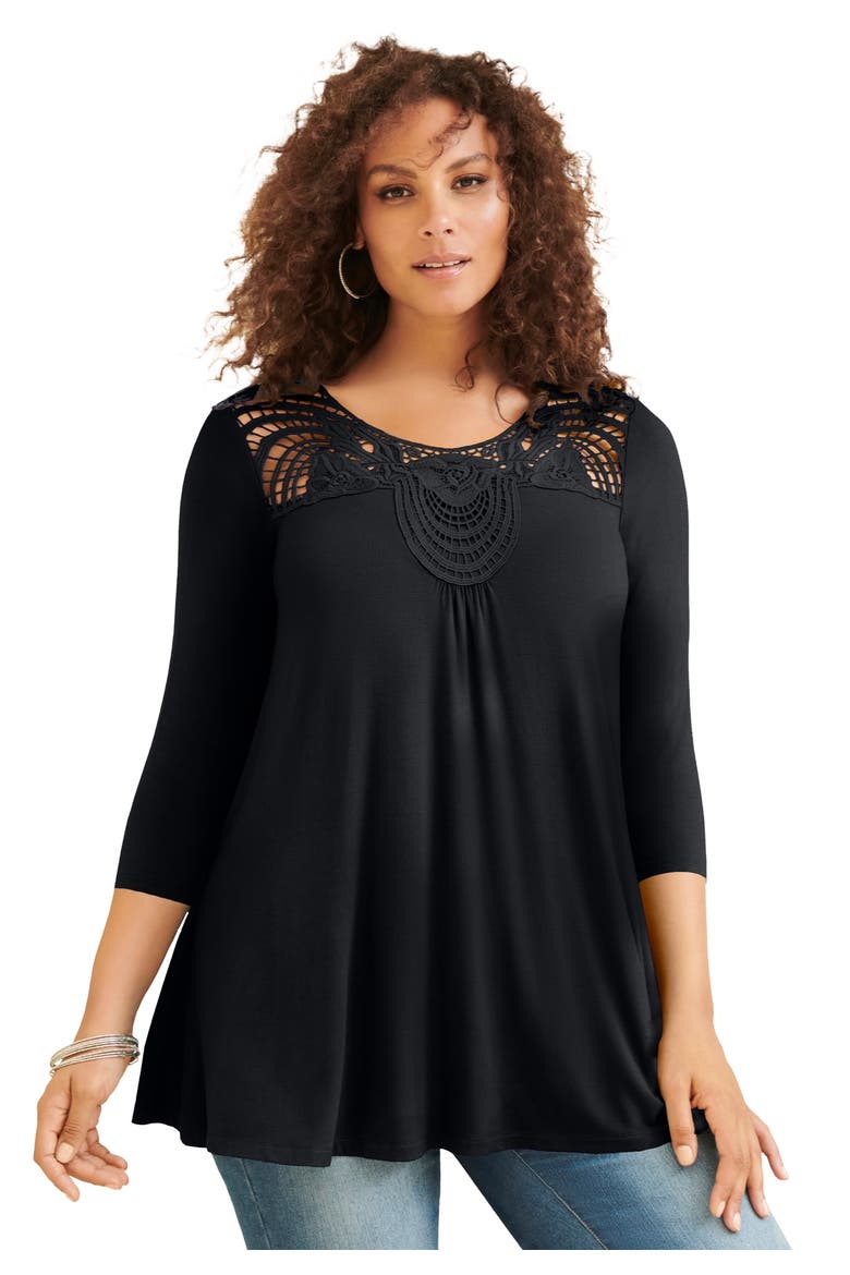 Plus Size Crochet Embellished Swing Ultra Femme Tee, Main, color, BLACK