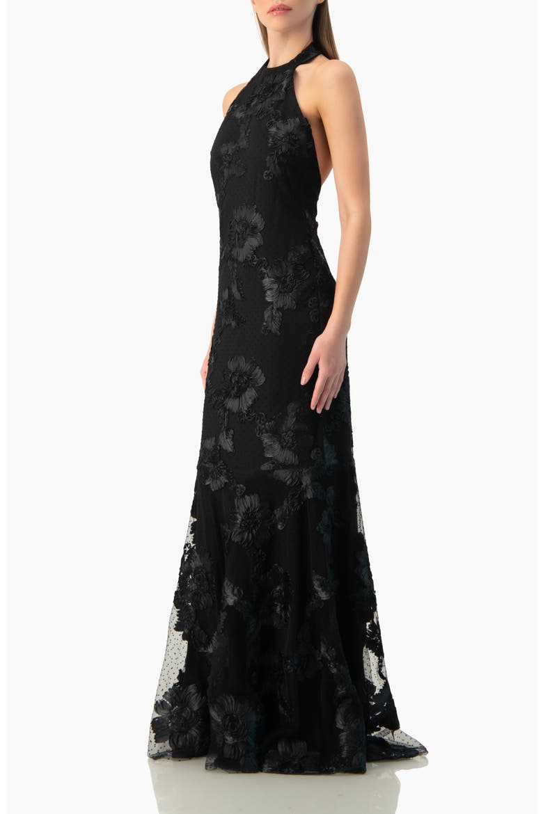 Halter Floral Lace Mermaid Gown, Alternate, color, Black